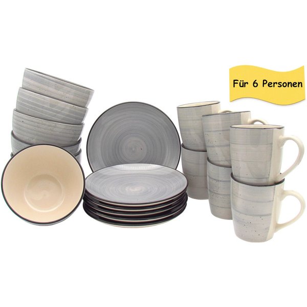steinwohn Frühstücks-Geschirrset Keramik Frühstücks-Service 12-/18-teilig für 4 oder 6 Personen (18-tlg), Vintage Look, Spülmaschinen- & Mikrowellengeeignet
