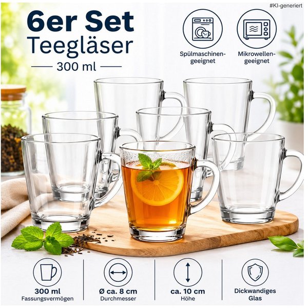 steinwohn Teeglas 6er Set Teegläser Teetassen Glastassen Trinkgläser mit Henkel - 300ml, geeignet für Spülmaschine und Mikrowelle