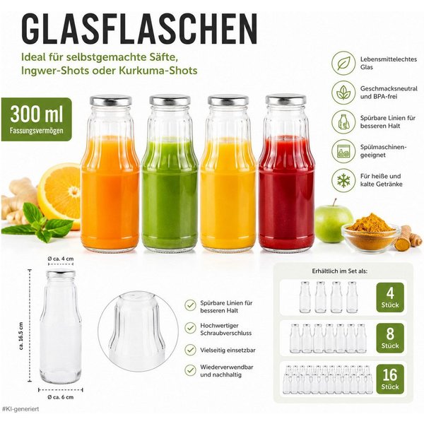 steinwohn Trinkflasche Glasflaschen 300 ml mit Schraubverschluss – 4, 8 oder 16 Stück, Saftflaschen aus Glas – Trinkflaschen für Shots, Smoothies & Säfte