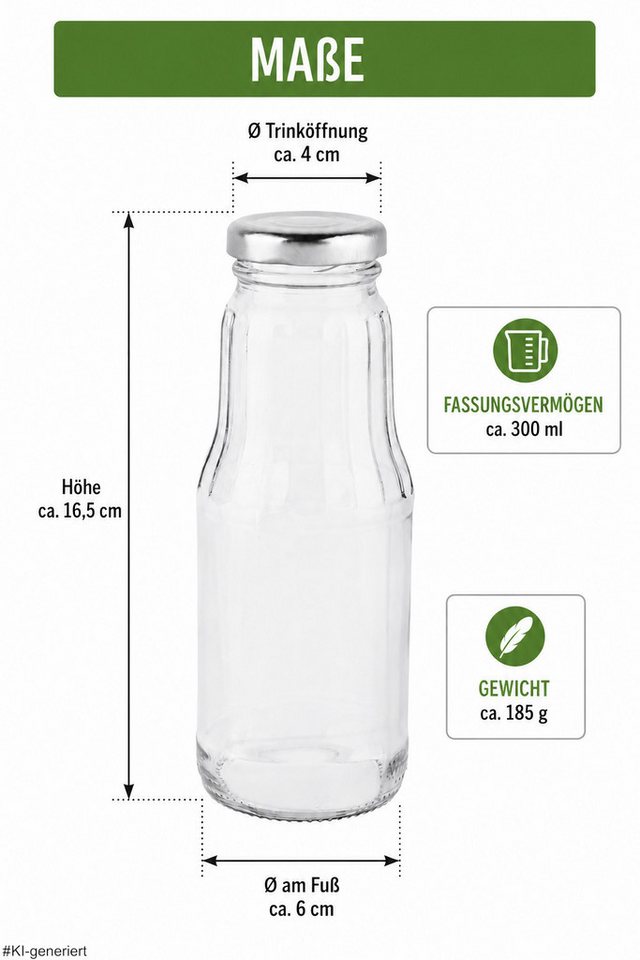 steinwohn Trinkflasche Glasflaschen 300 ml mit Schraubverschluss – 4, 8 oder 16 Stück, Saftflaschen aus Glas – Trinkflaschen für Shots, Smoothies & Säfte – Bild 4 von 5