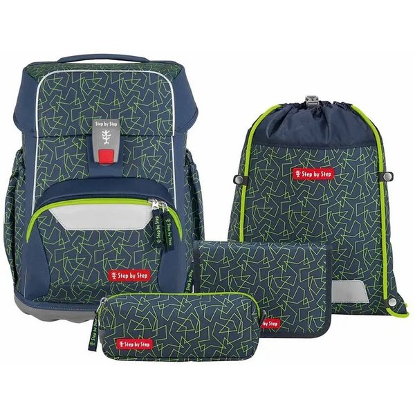 Step by Step Kinderrucksack BASIS Schulranzen-Set „Green Geometric, 4-teilig