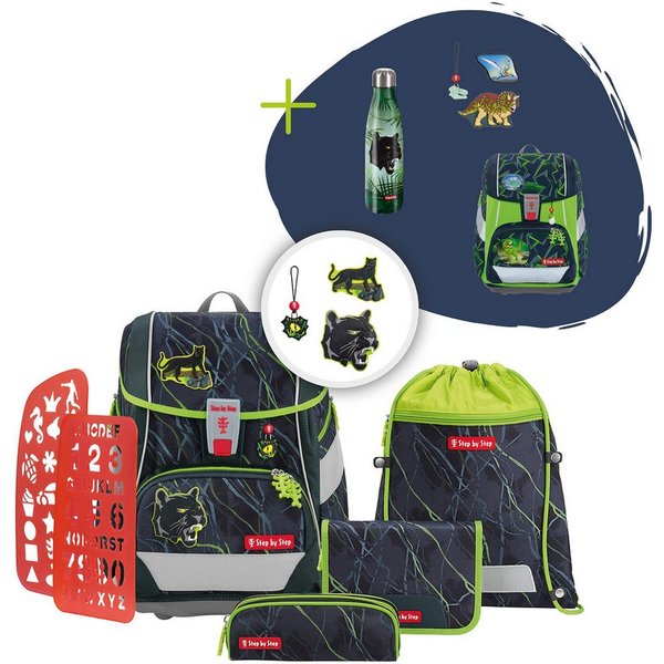 Step by Step Schulranzen 2IN1 PLUS „Danger Cat Chiko“, 9-teilig, grün (6-teilig, 9-tlg)