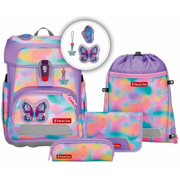 Step by Step Schulranzen Schulranzen-Set CLOUD FLASH Butterfly Luna 5-teilig (5-teilig), Grundschulranzen, ergonomisch, Easy-Grow-System