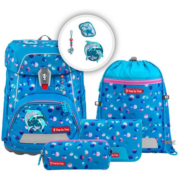 Step by Step Schulranzen Schulranzen-Set FIT Dolphin Finja, 5-teilig (5-teilig), ab 1. Klasse, ergonomisch, Easy-Grow-System