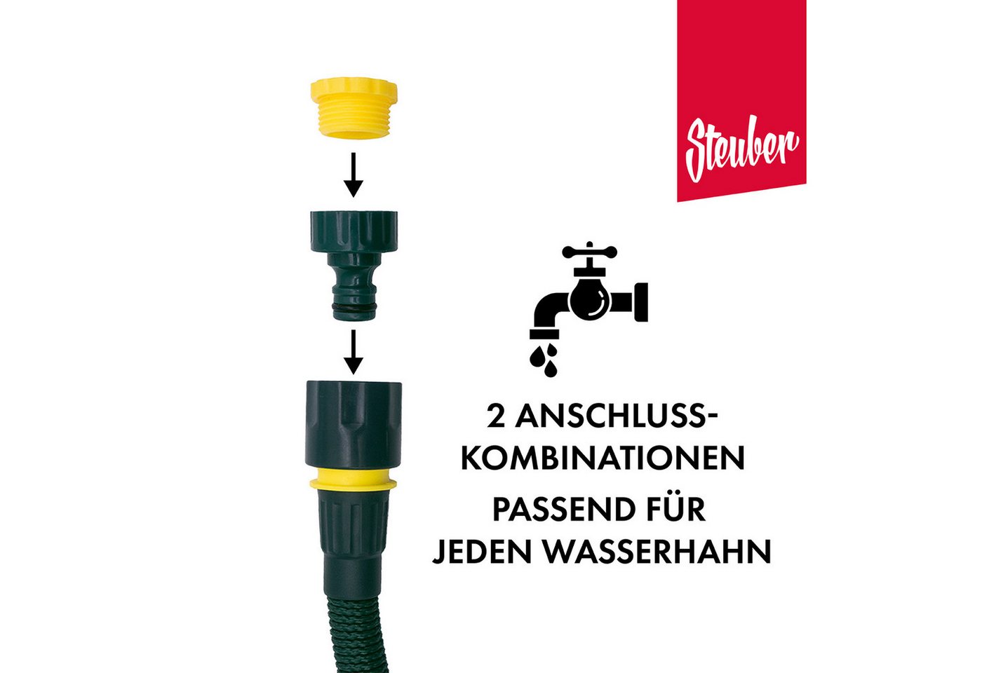 Steuber Gartenschlauch Flexibel, inkl. Sprühkopf und 3-tlg. Adapter-Set, 1/2 Zoll 3-fache Länge durch Wasserzufuhr – Bild 4 von 5
