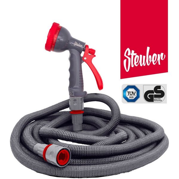Steuber Gartenschlauch Gartenschlauch Flexibel grau, inkl. Sprühkopf & Adapter-Set