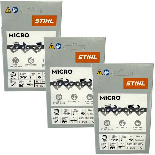 STIHL Ersatzkette 3x 1/4" Picco Micro 3 (PM3) Sägekette 30 cm 1/4" P 1,1 mm 64 TG 3