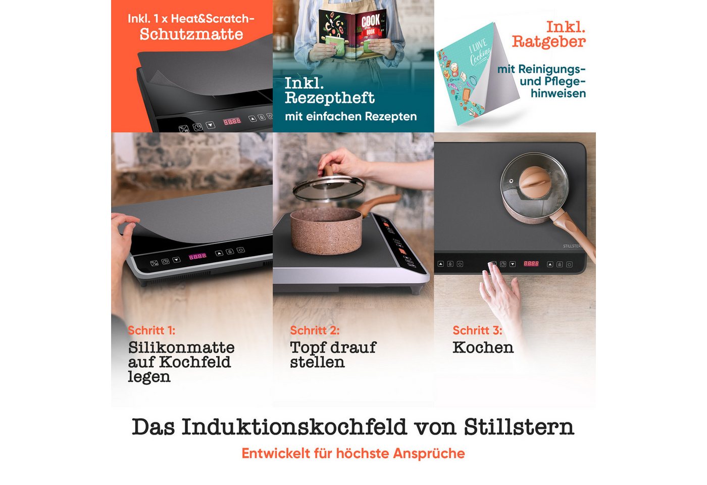 Stillstern Doppel-Induktionskochplatte Doppel-Induktionskochfeld, Schnelles Aufkochen + Temperatureinstellung, 3600W, 24h. Timer, Lautlos-Funktion, Glaskeramik – Bild 2 von 5