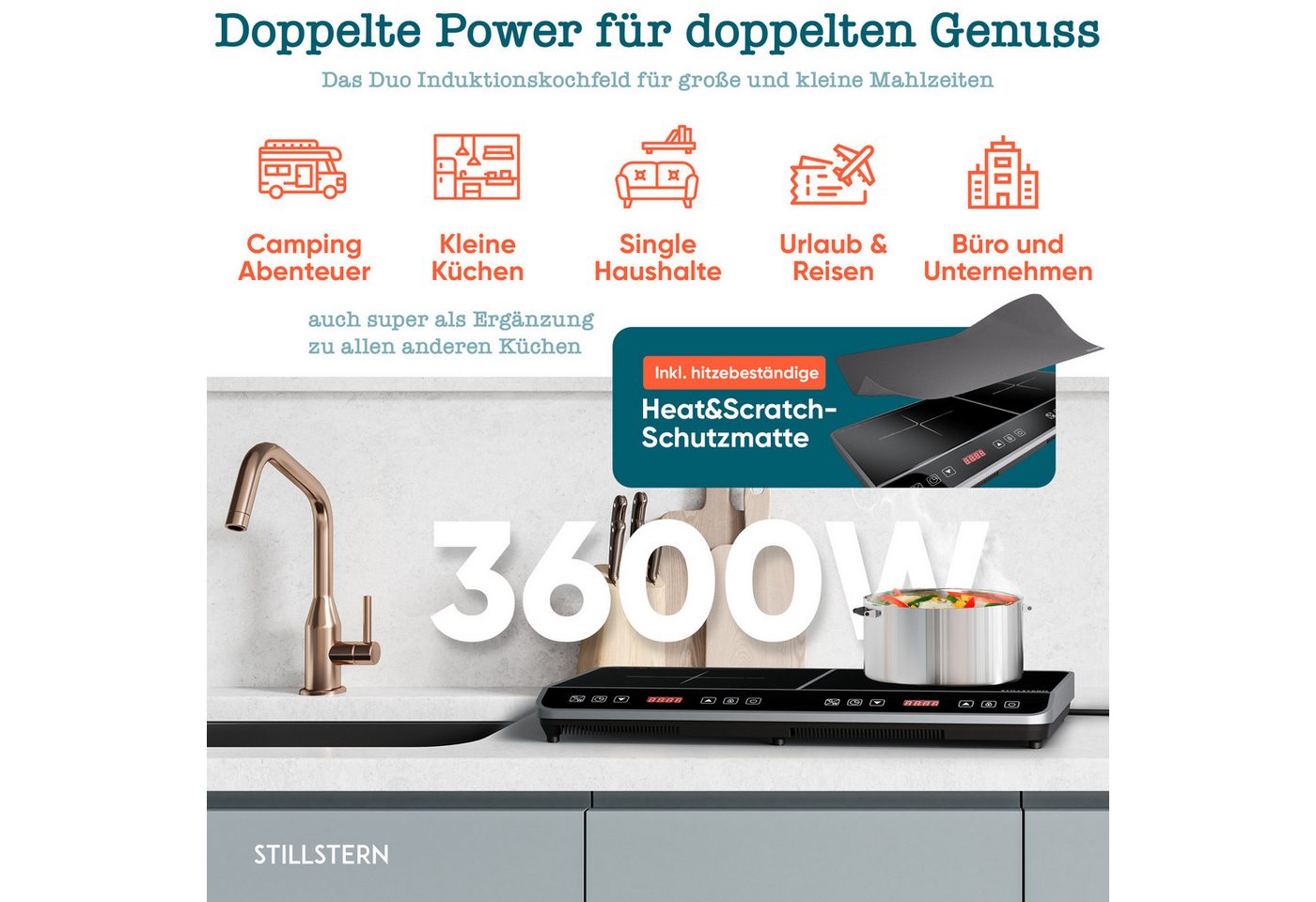 Stillstern Doppel-Induktionskochplatte Doppel-Induktionskochfeld, Schnelles Aufkochen + Temperatureinstellung, 3600W, 24h. Timer, Lautlos-Funktion, Glaskeramik – Bild 3 von 5