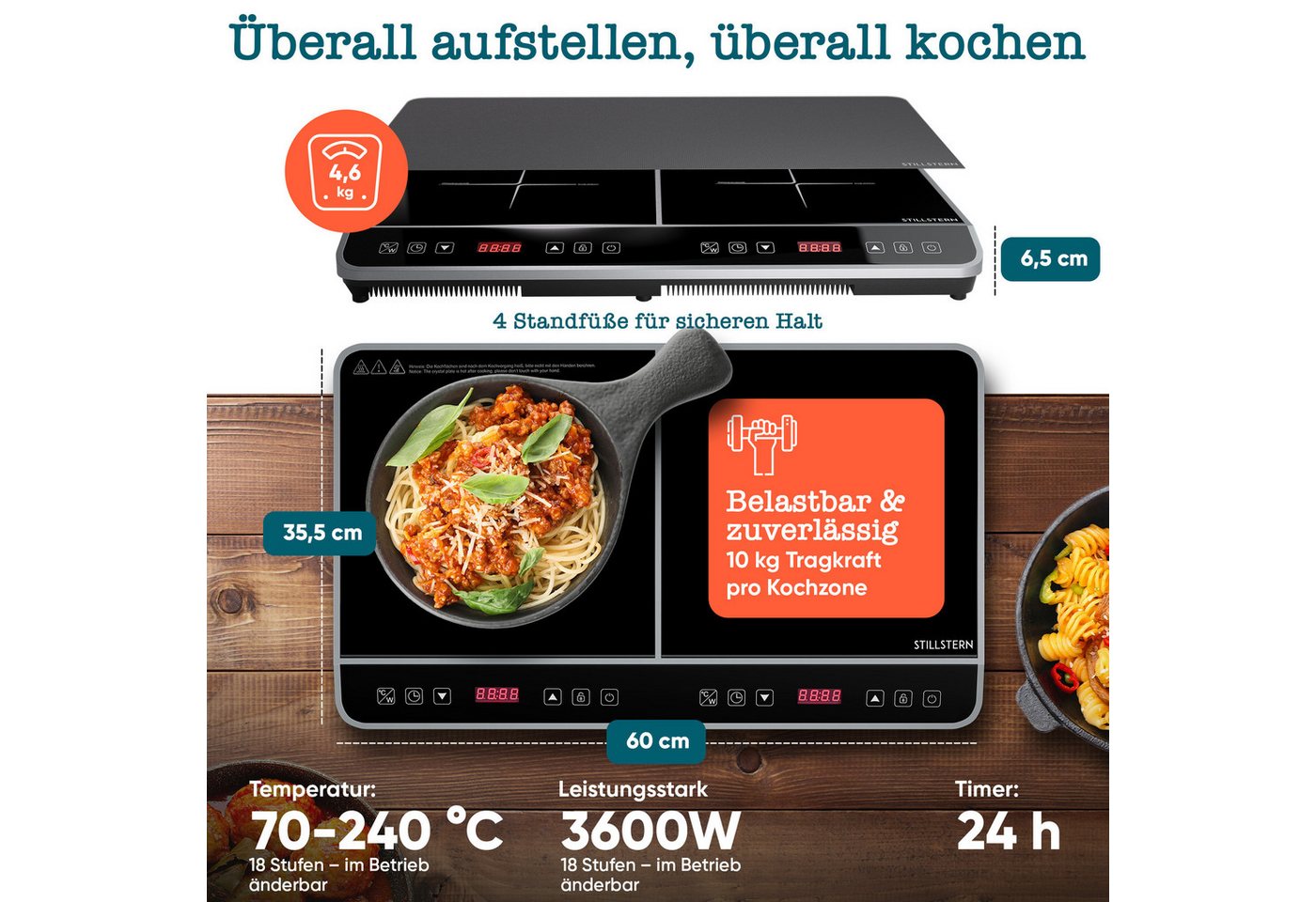 Stillstern Doppel-Induktionskochplatte Doppel-Induktionskochfeld, Schnelles Aufkochen + Temperatureinstellung, 3600W, 24h. Timer, Lautlos-Funktion, Glaskeramik – Bild 5 von 5