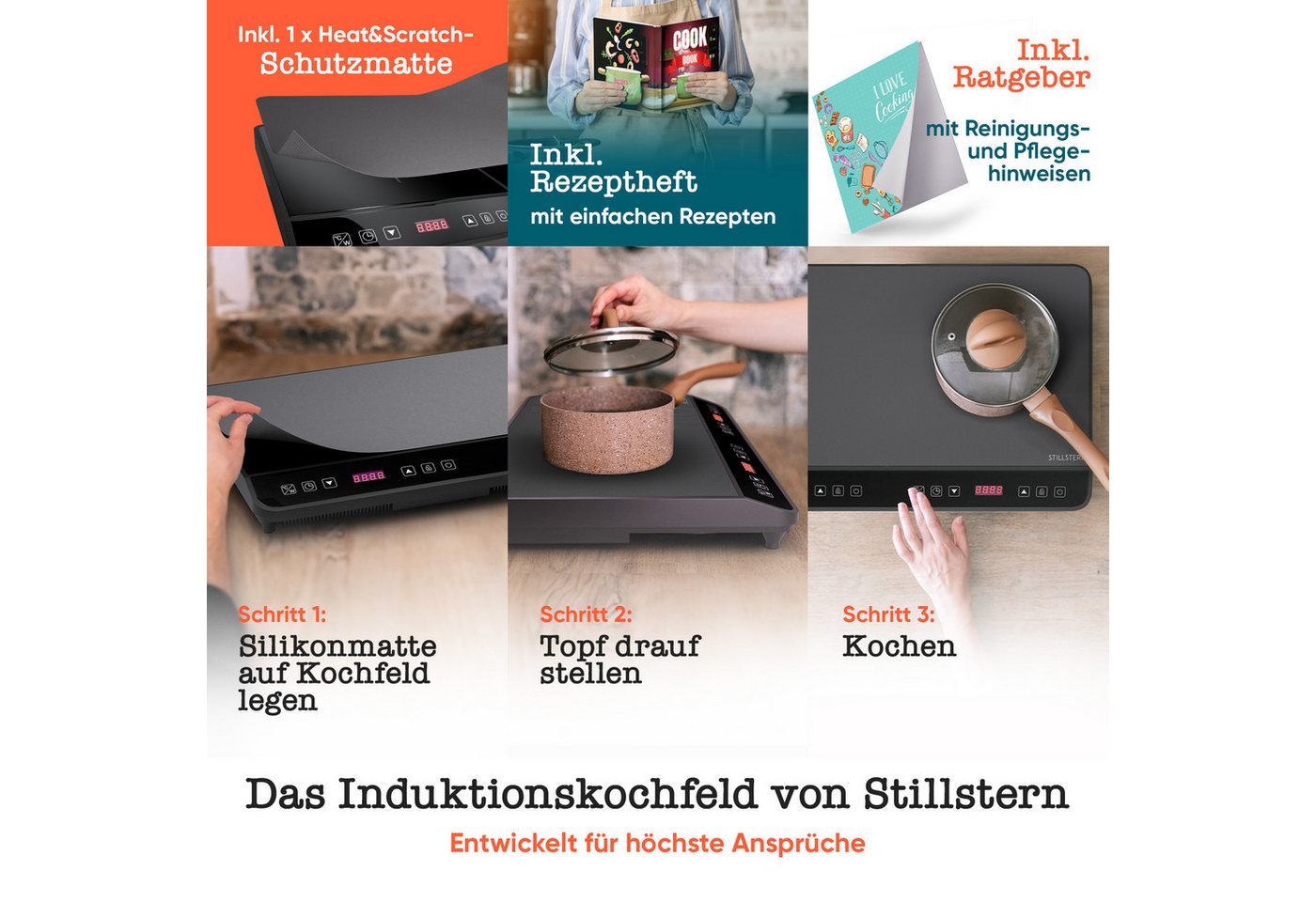 Stillstern Doppel-Induktionskochplatte Doppel-Induktionskochfeld, Schnelles Aufkochen + Temperatureinstellung, 3600W, 24h. Timer, Lautlos-Funktion, Glaskeramik – Bild 2 von 5