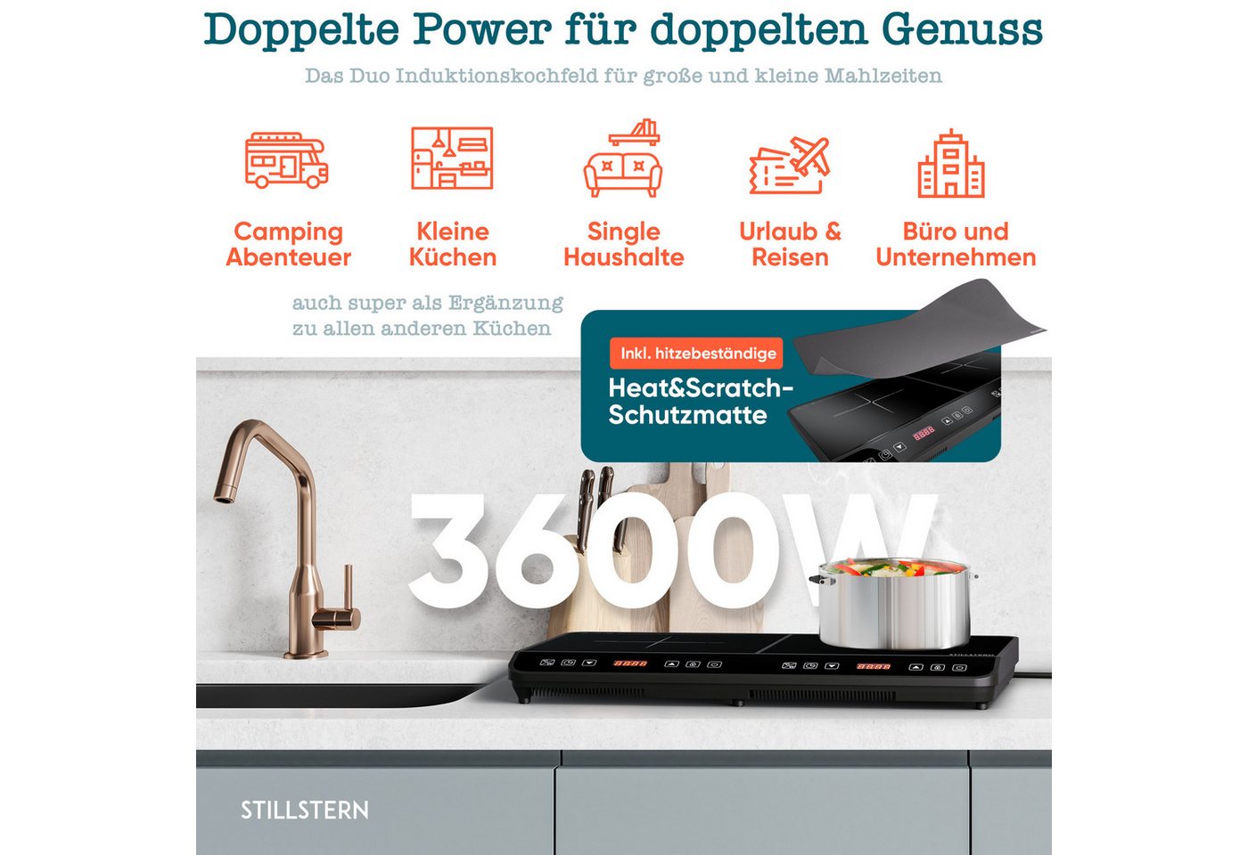Stillstern Doppel-Induktionskochplatte Doppel-Induktionskochfeld, Schnelles Aufkochen + Temperatureinstellung, 3600W, 24h. Timer, Lautlos-Funktion, Glaskeramik – Bild 3 von 5