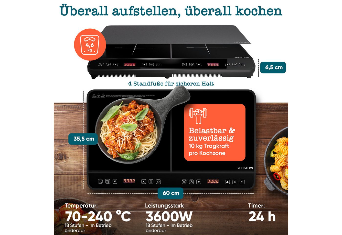Stillstern Doppel-Induktionskochplatte Doppel-Induktionskochfeld, Schnelles Aufkochen + Temperatureinstellung, 3600W, 24h. Timer, Lautlos-Funktion, Glaskeramik – Bild 5 von 5