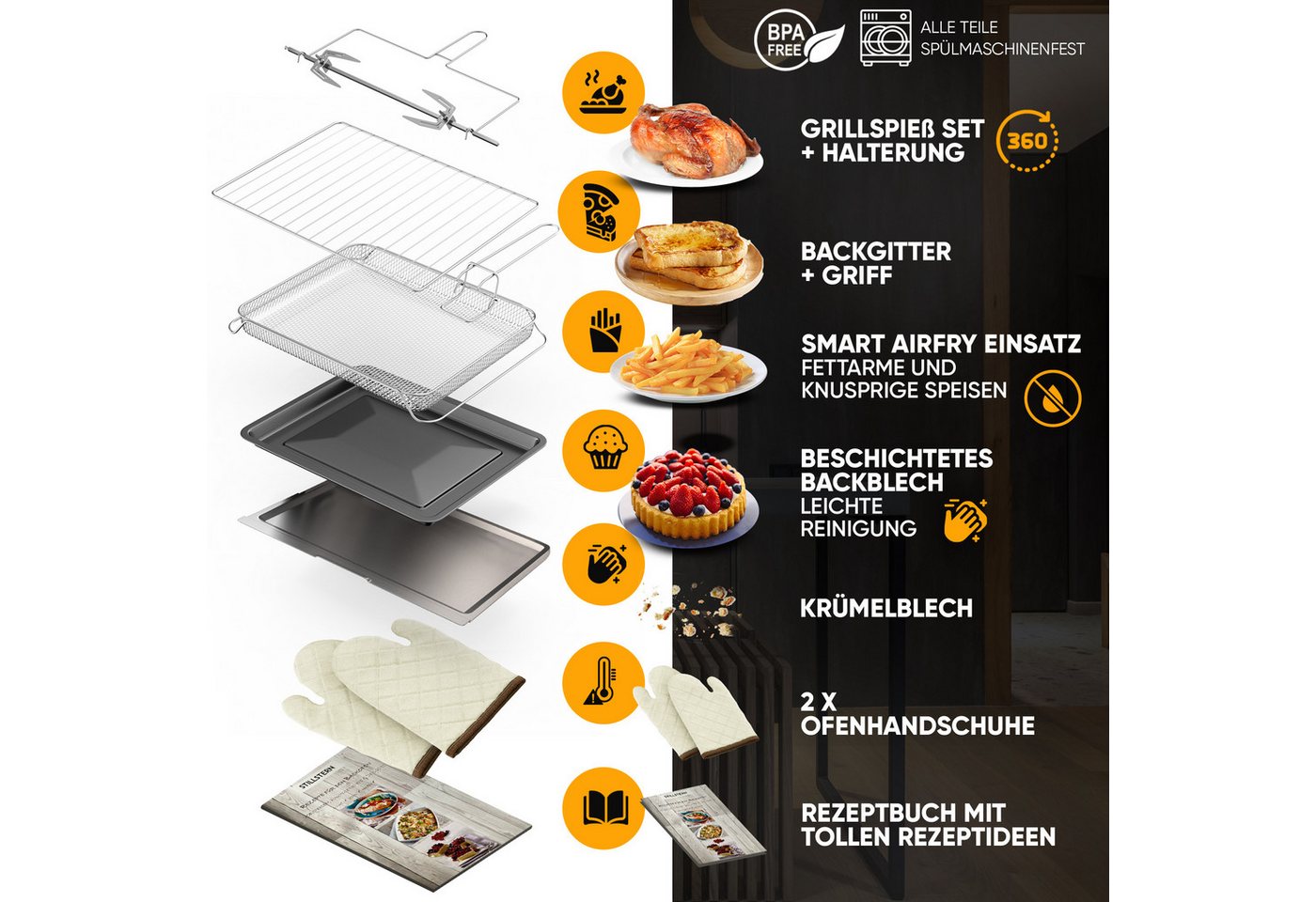 Stillstern Minibackofen MB35-LED 2G (35L) Deutsche Version, Ofenhandschuhe, Rezeptheft, Drehspieß, Timer, Innenbeleuchtung – Bild 3 von 5