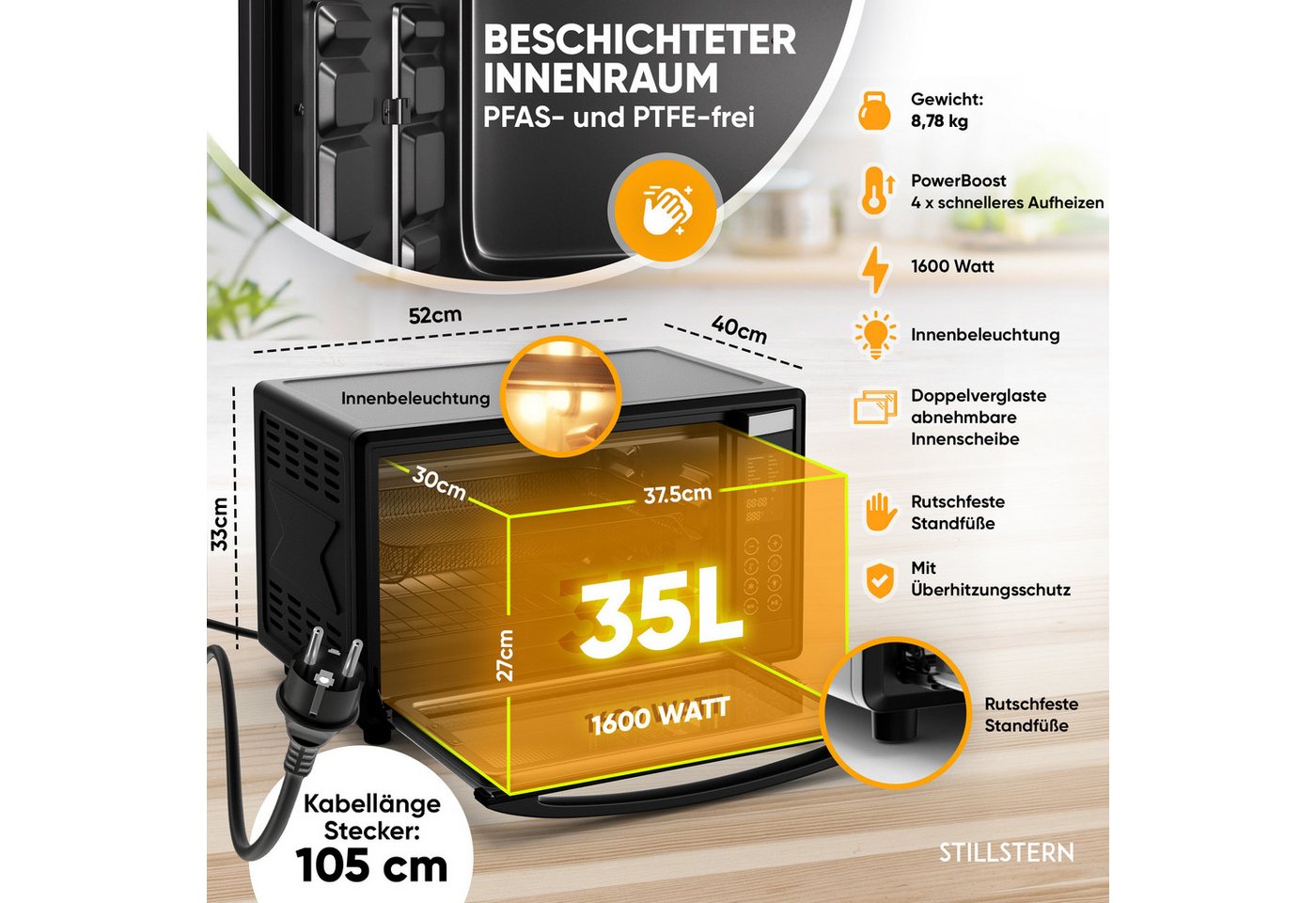 Stillstern Minibackofen MB35-LED 2G (35L) Deutsche Version, Ofenhandschuhe, Rezeptheft, Drehspieß, Timer, Innenbeleuchtung – Bild 4 von 5
