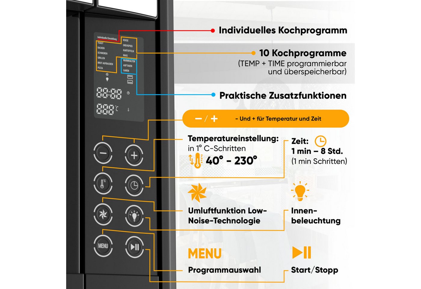 Stillstern Minibackofen MB35-LED 2G (35L) Deutsche Version, Ofenhandschuhe, Rezeptheft, Drehspieß, Timer, Innenbeleuchtung – Bild 5 von 5