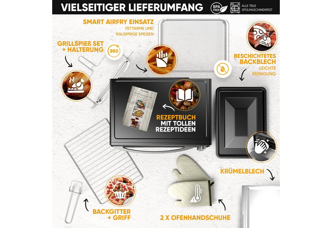 Stillstern Minibackofen MB45-MX 2G (45L) Deutsche Version, Ofenhandschuhe, Rezeptheft, Drehspieß, Timer, Innenbeleuchtung – Bild 3 von 5