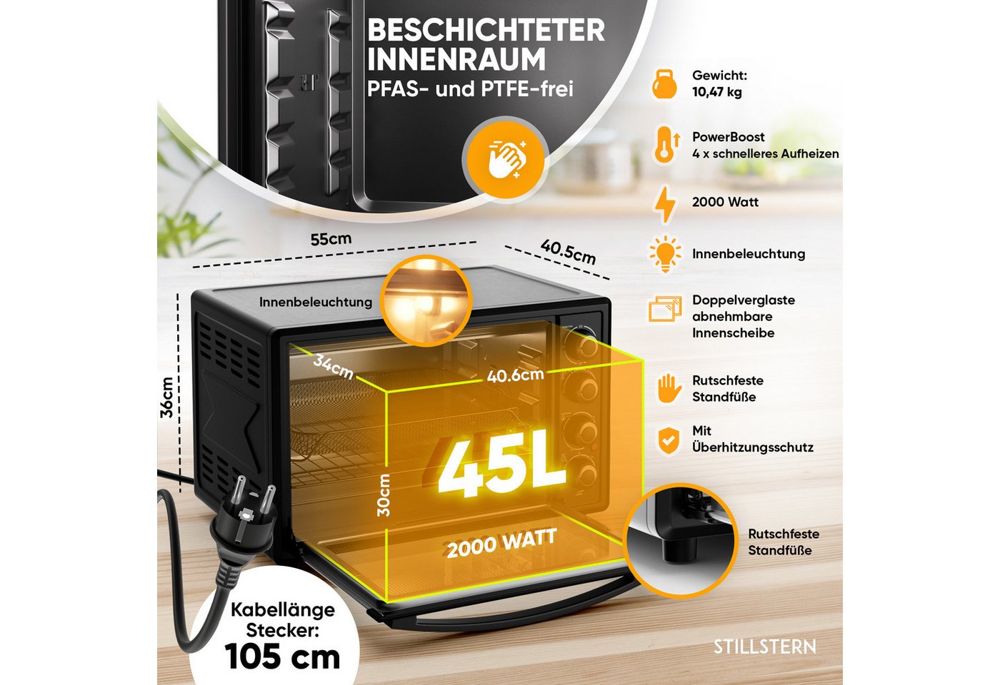 Stillstern Minibackofen MB45-MX 2G (45L) Deutsche Version, Ofenhandschuhe, Rezeptheft, Drehspieß, Timer, Innenbeleuchtung – Bild 4 von 5