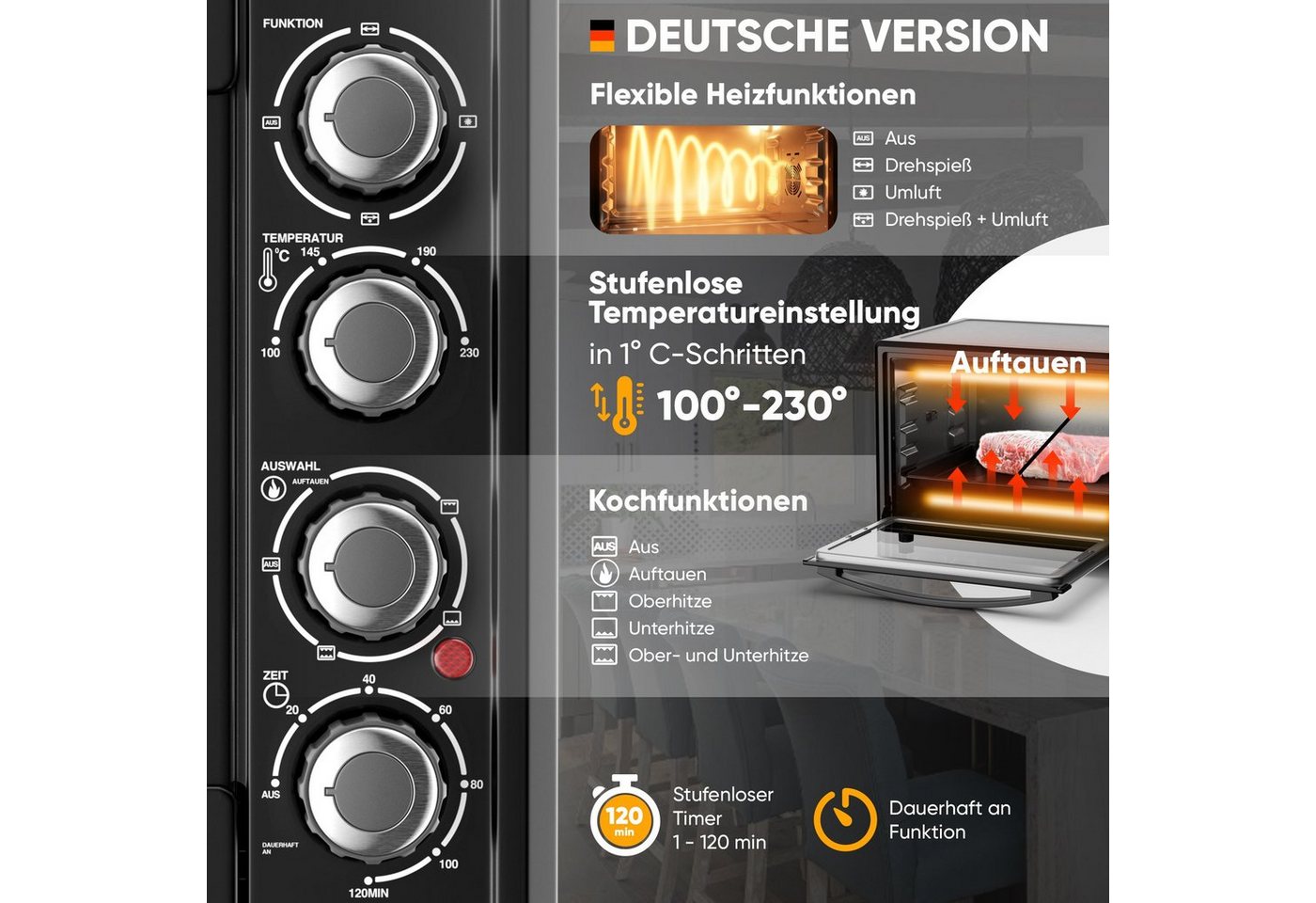 Stillstern Minibackofen MB45-MX 2G (45L) Deutsche Version, Ofenhandschuhe, Rezeptheft, Drehspieß, Timer, Innenbeleuchtung – Bild 5 von 5