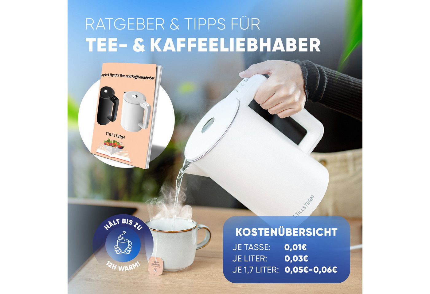 Stillstern Wasserkocher Wasserkocher 1,7L, Schnelles Aufkochen, mit Temperatureinstellung, 1.7 l, 2200 W, 2200W, 12 Std. Warmhaltefunktion, Leise – Bild 2 von 5