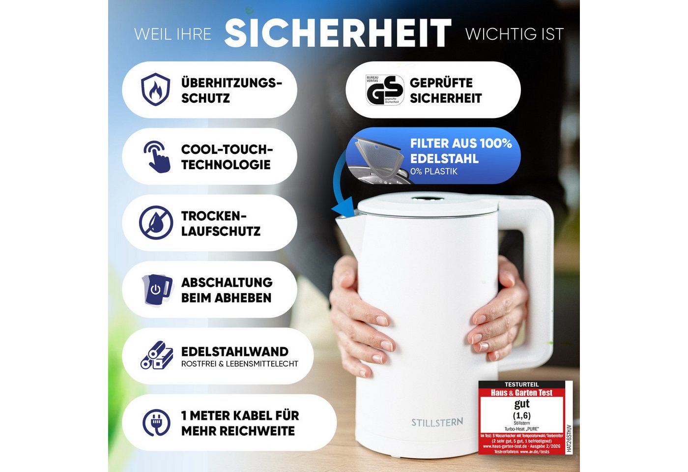 Stillstern Wasserkocher Wasserkocher 1,7L, Schnelles Aufkochen, mit Temperatureinstellung, 1.7 l, 2200 W, 2200W, 12 Std. Warmhaltefunktion, Leise – Bild 4 von 5