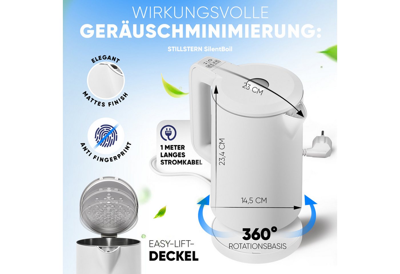 Stillstern Wasserkocher Wasserkocher 1,7L, Schnelles Aufkochen, mit Temperatureinstellung, 1.7 l, 2200 W, 2200W, 12 Std. Warmhaltefunktion, Leise – Bild 5 von 5