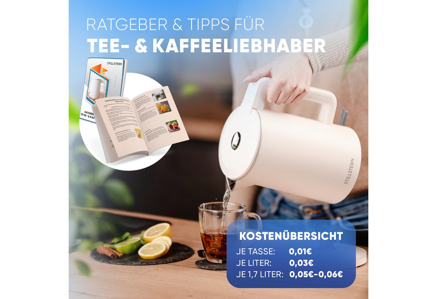 Stillstern Wasserkocher Wasserkocher 1,7L, schnelles Aufkochen, doppelwandig, 1.7 l, 2200 W, Anti Fingerprint, 2200W, Leise – Bild 3 von 5