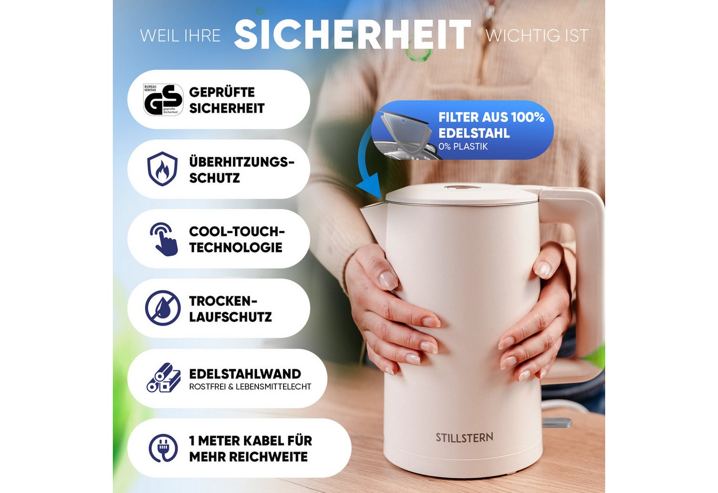 Stillstern Wasserkocher Wasserkocher 1,7L, schnelles Aufkochen, doppelwandig, 1.7 l, 2200 W, Anti Fingerprint, 2200W, Leise – Bild 4 von 5