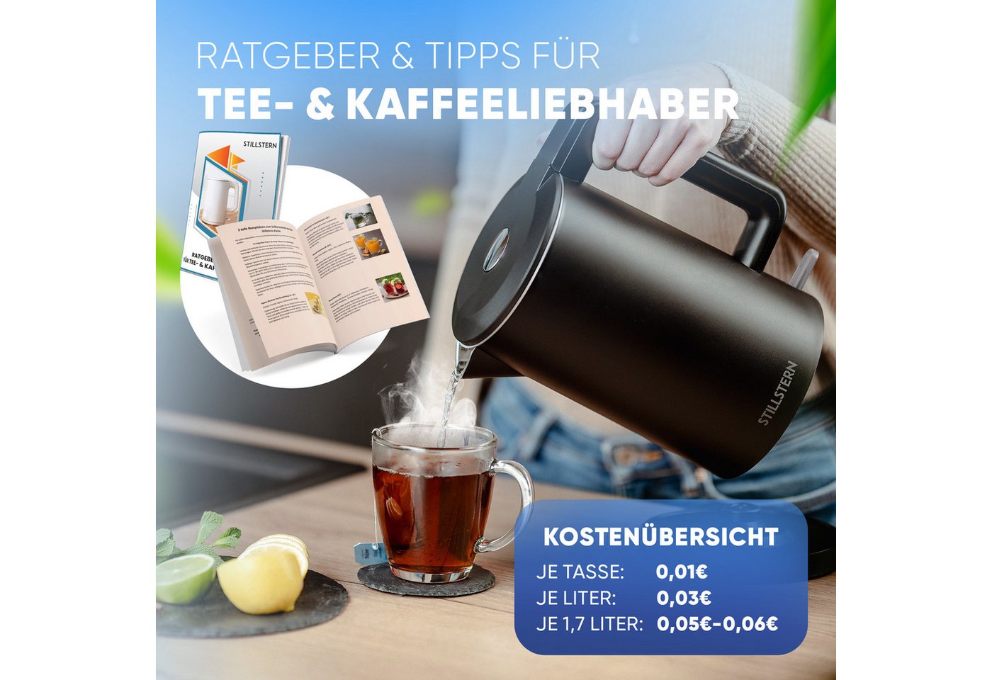Stillstern Wasserkocher Wasserkocher 1,7L, schnelles Aufkochen, doppelwandig, 1.7 l, 2200 W, Anti Fingerprint, 2200W, Leise – Bild 3 von 5
