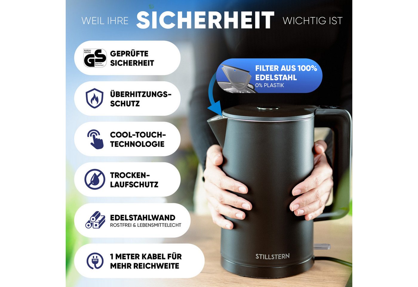 Stillstern Wasserkocher Wasserkocher 1,7L, schnelles Aufkochen, doppelwandig, 1.7 l, 2200 W, Anti Fingerprint, 2200W, Leise – Bild 4 von 5