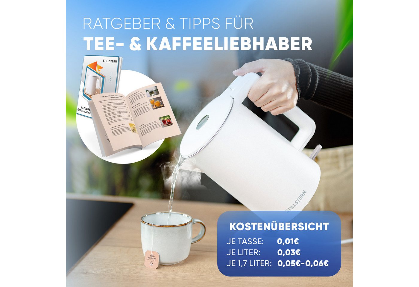 Stillstern Wasserkocher Wasserkocher 1,7L, schnelles Aufkochen, doppelwandig, 1.7 l, 2200 W, Anti Fingerprint, 2200W, Leise – Bild 3 von 5