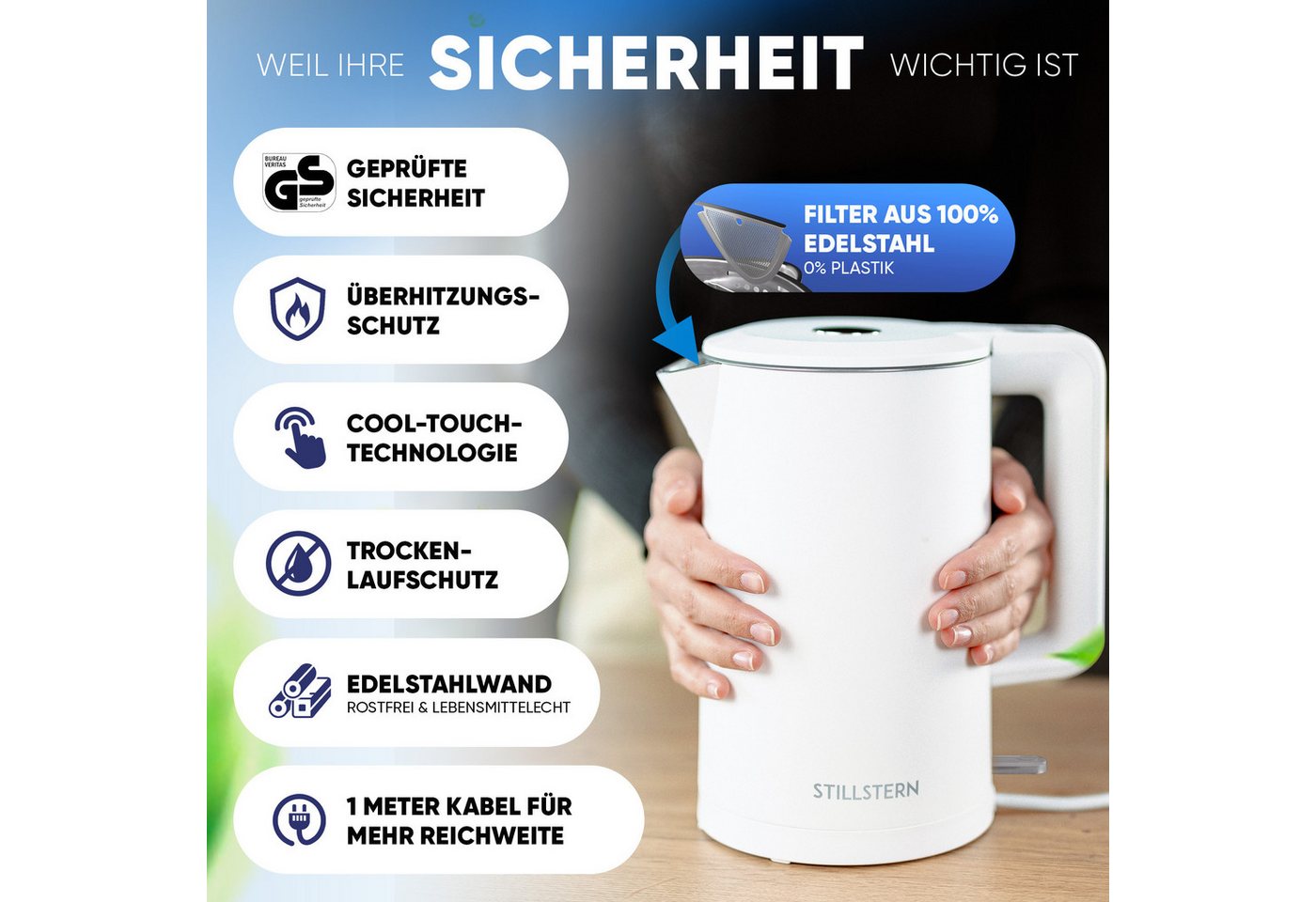 Stillstern Wasserkocher Wasserkocher 1,7L, schnelles Aufkochen, doppelwandig, 1.7 l, 2200 W, Anti Fingerprint, 2200W, Leise – Bild 4 von 5