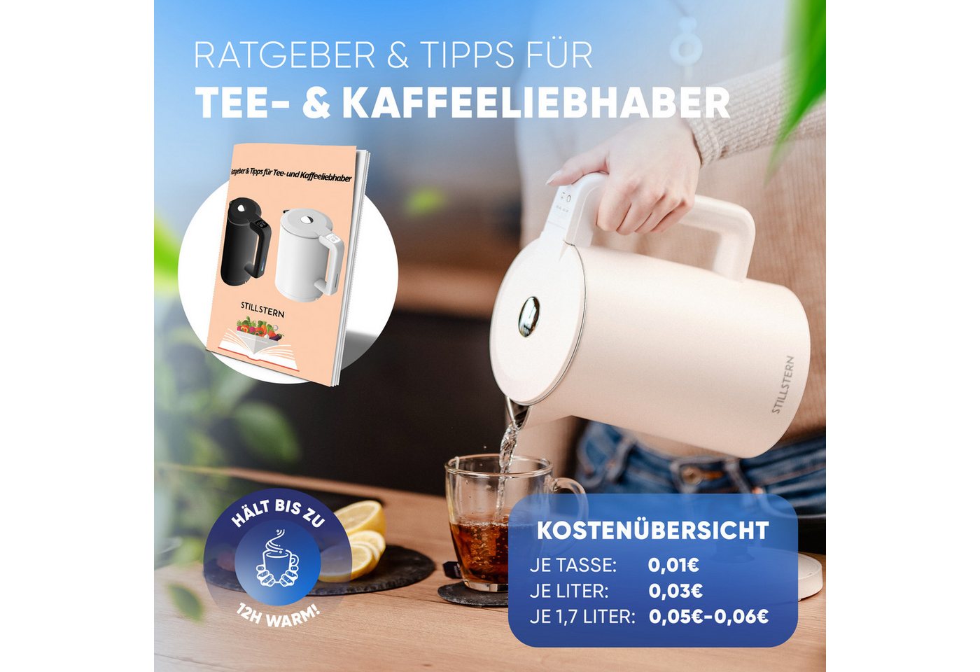 Stillstern Wasserkocher Wasserkocher 1,7L, Schnelles Aufkochen, mit Temperatureinstellung, 1.7 l, 2200 W, 2200W, 12 Std. Warmhaltefunktion, Leise – Bild 3 von 5