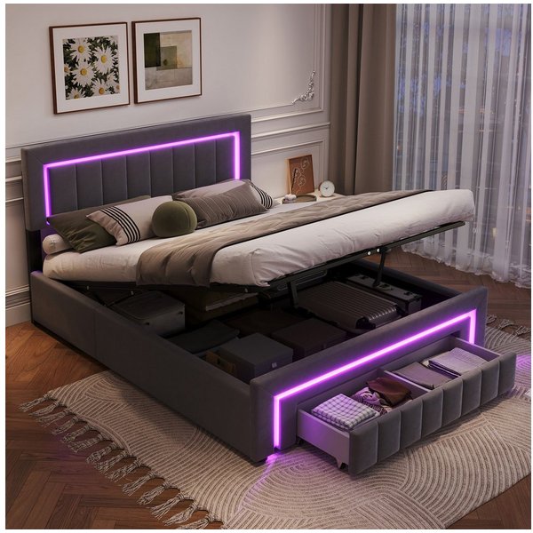 STILVORA Polsterbett 140×190 mit bettkasten,Funktionbett Boxspringbett mit LED & Schubladen (verstärkter Metallrahmen, stabiler Lattenrost, Gepolstertes Kopftei