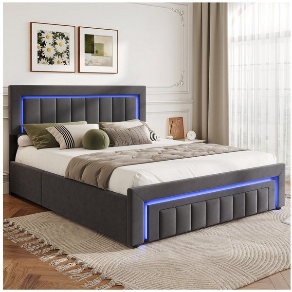 STILVORA Polsterbett 140×200 mit bettkasten,Funktionbett Boxspringbett mit LED & Schubladen (verstärkter Metallrahmen, stabiler Lattenrost, Gepolstertes Kopftei