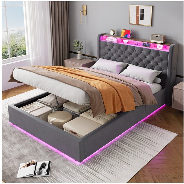 STILVORA Polsterbett 140×200 mit bettkasten,Funktionbett Jugenbett mit Stauram & Steckdose (Hochdichter Lattenrost, Metall-Querstrebe,Gepolstertes Kopfteil, Mod