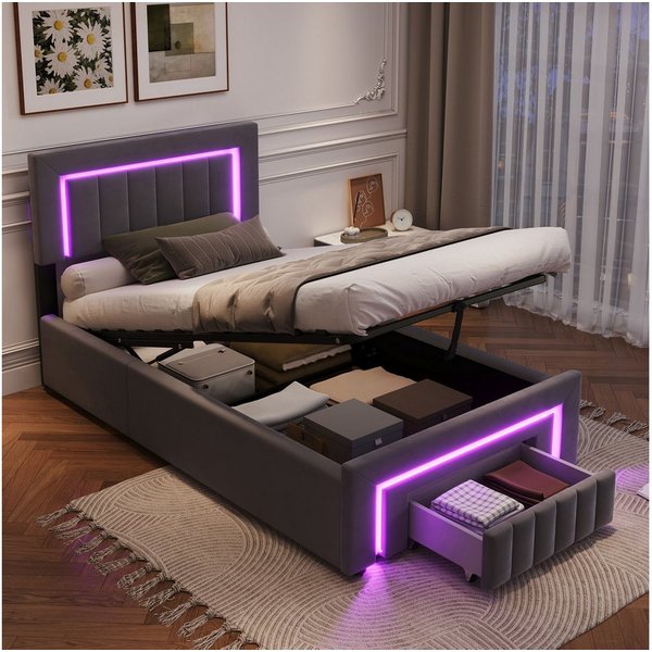 STILVORA Polsterbett 90×190 mit bettkasten,Funktionbett Boxspringbett mit LED & Schubladen (verstärkter Metallrahmen, stabiler Lattenrost, Gepolstertes Kopfteil
