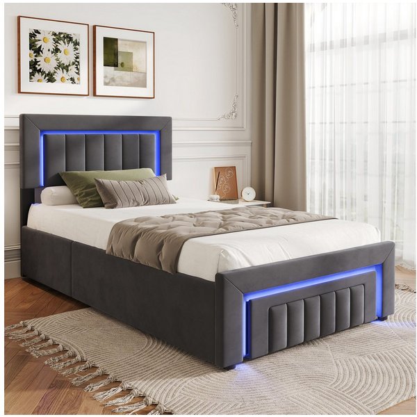 STILVORA Polsterbett 90×200 mit bettkasten,Funktionbett Boxspringbett mit LED & Schubladen (verstärkter Metallrahmen, stabiler Lattenrost, Gepolstertes Kopfteil