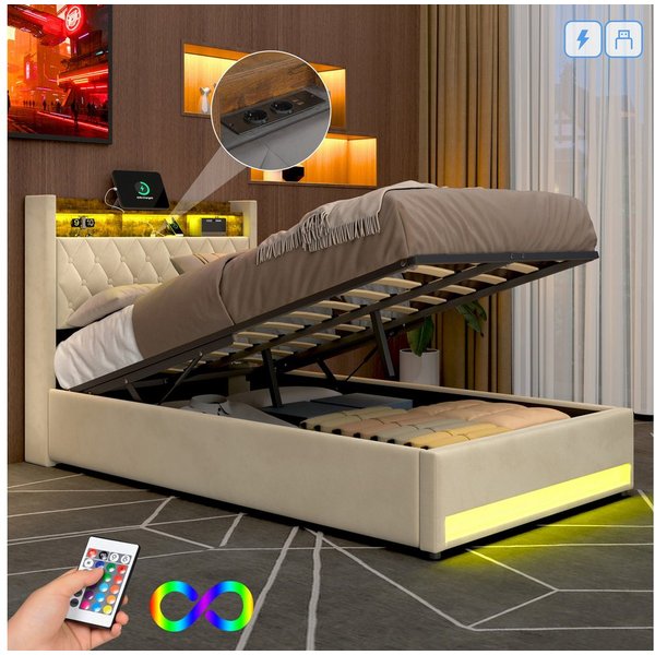 STILVORA Polsterbett mit bettkasten,Stauraumbett Boxspringbett 140×200 mit USB & LED-Licht (Funktionbett mit Hydraulikstange,Tragfähigkeit: 200kg, Strapazierfäh