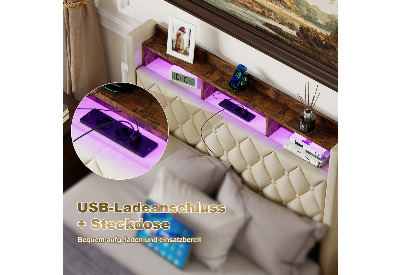 STILVORA Polsterbett mit bettkasten,Stauraumbett Boxspringbett 140×200 mit USB & LED-Licht (Funktionbett mit Hydraulikstange,Tragfähigkeit: 200kg, Strapazierfäh – Bild 3 von 5