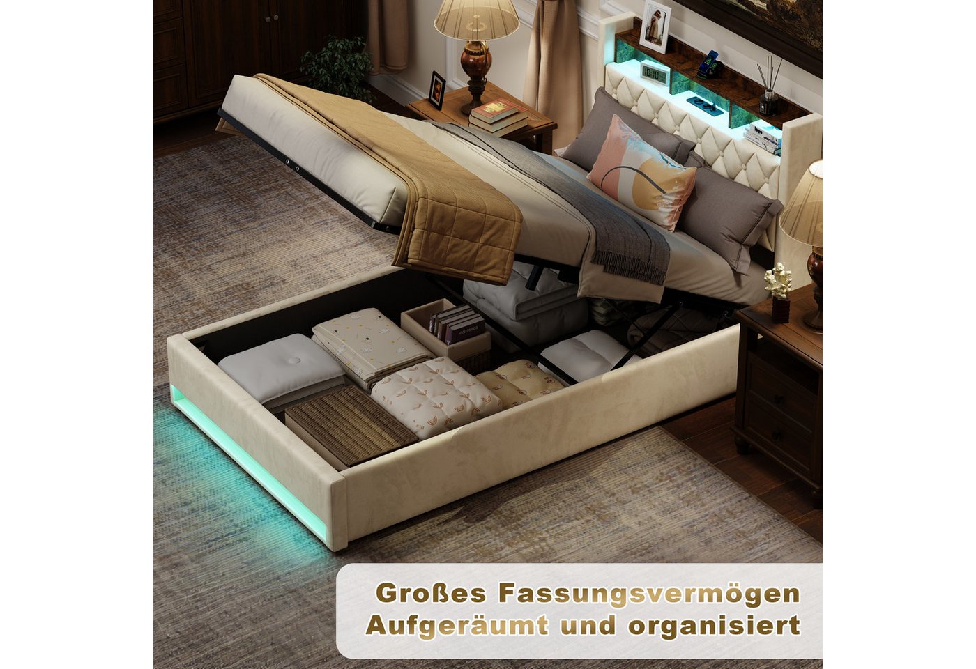 STILVORA Polsterbett mit bettkasten,Stauraumbett Boxspringbett 140×200 mit USB & LED-Licht (Funktionbett mit Hydraulikstange,Tragfähigkeit: 200kg, Strapazierfäh – Bild 4 von 5