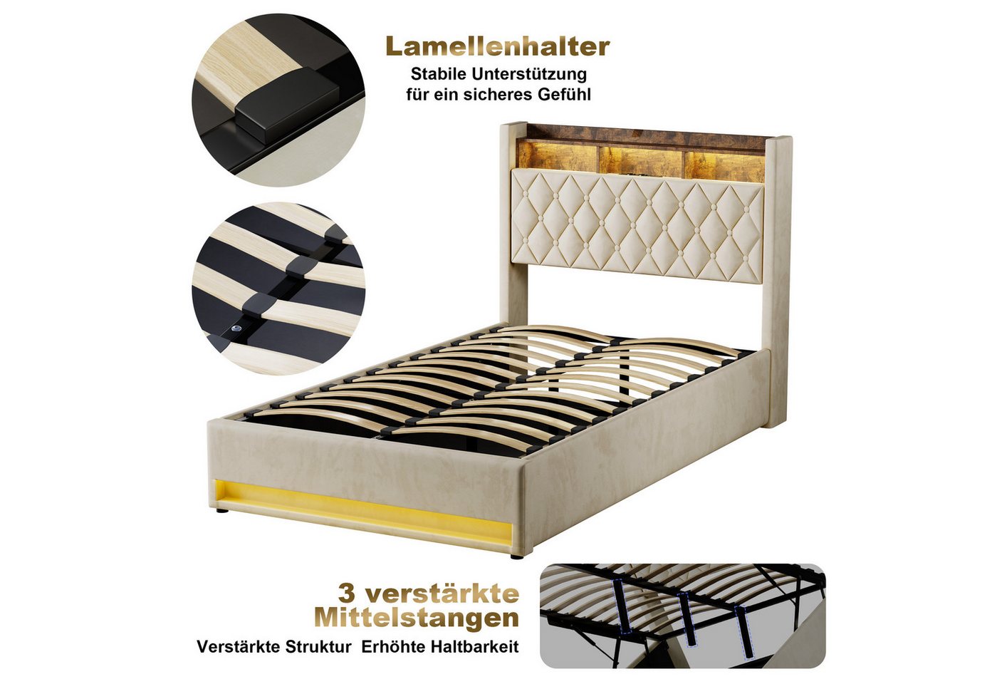 STILVORA Polsterbett mit bettkasten,Stauraumbett Boxspringbett 140×200 mit USB & LED-Licht (Funktionbett mit Hydraulikstange,Tragfähigkeit: 200kg, Strapazierfäh – Bild 5 von 5
