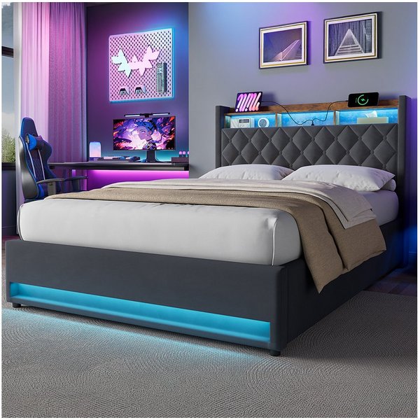 STILVORA Polsterbett mit bettkasten,Stauraumbett Boxspringbett 140×190 mit USB & LED-Licht (Funktionbett mit Hydraulikstange,Tragfähigkeit: 200kg, Strapazierfäh