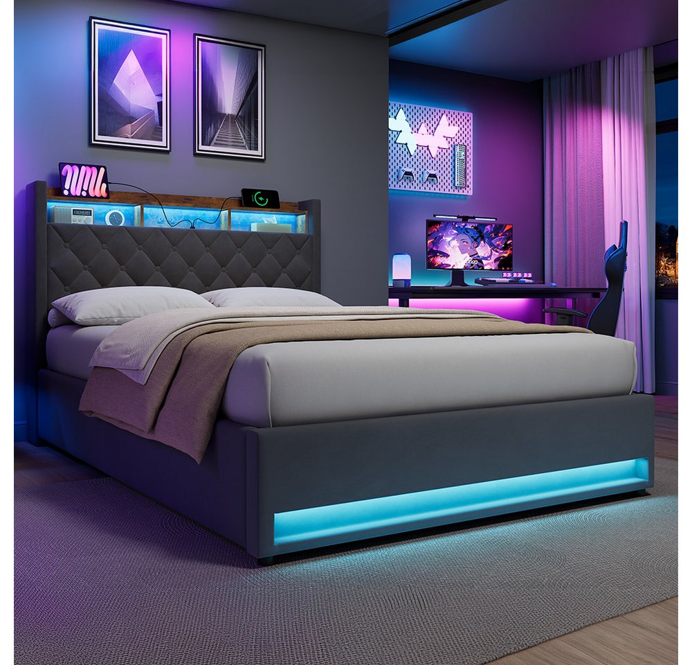 STILVORA Polsterbett mit bettkasten,Stauraumbett Boxspringbett 140×190 mit USB & LED-Licht (Funktionbett mit Hydraulikstange,Tragfähigkeit: 200kg, Strapazierfäh – Bild 2 von 5