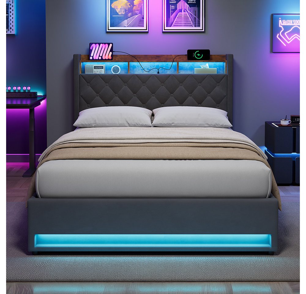 STILVORA Polsterbett mit bettkasten,Stauraumbett Boxspringbett 140×190 mit USB & LED-Licht (Funktionbett mit Hydraulikstange,Tragfähigkeit: 200kg, Strapazierfäh – Bild 3 von 5