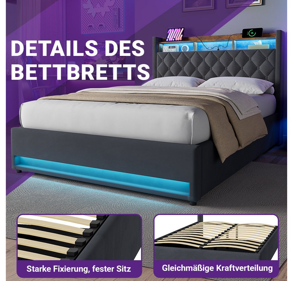 STILVORA Polsterbett mit bettkasten,Stauraumbett Boxspringbett 140×190 mit USB & LED-Licht (Funktionbett mit Hydraulikstange,Tragfähigkeit: 200kg, Strapazierfäh – Bild 5 von 5