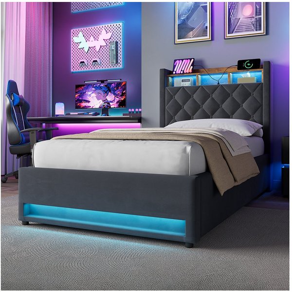 STILVORA Polsterbett mit bettkasten,Stauraumbett Boxspringbett 90×190 mit USB & LED-Licht (Funktionbett mit Hydraulikstange,Tragfähigkeit: 200kg, Strapazierfähi