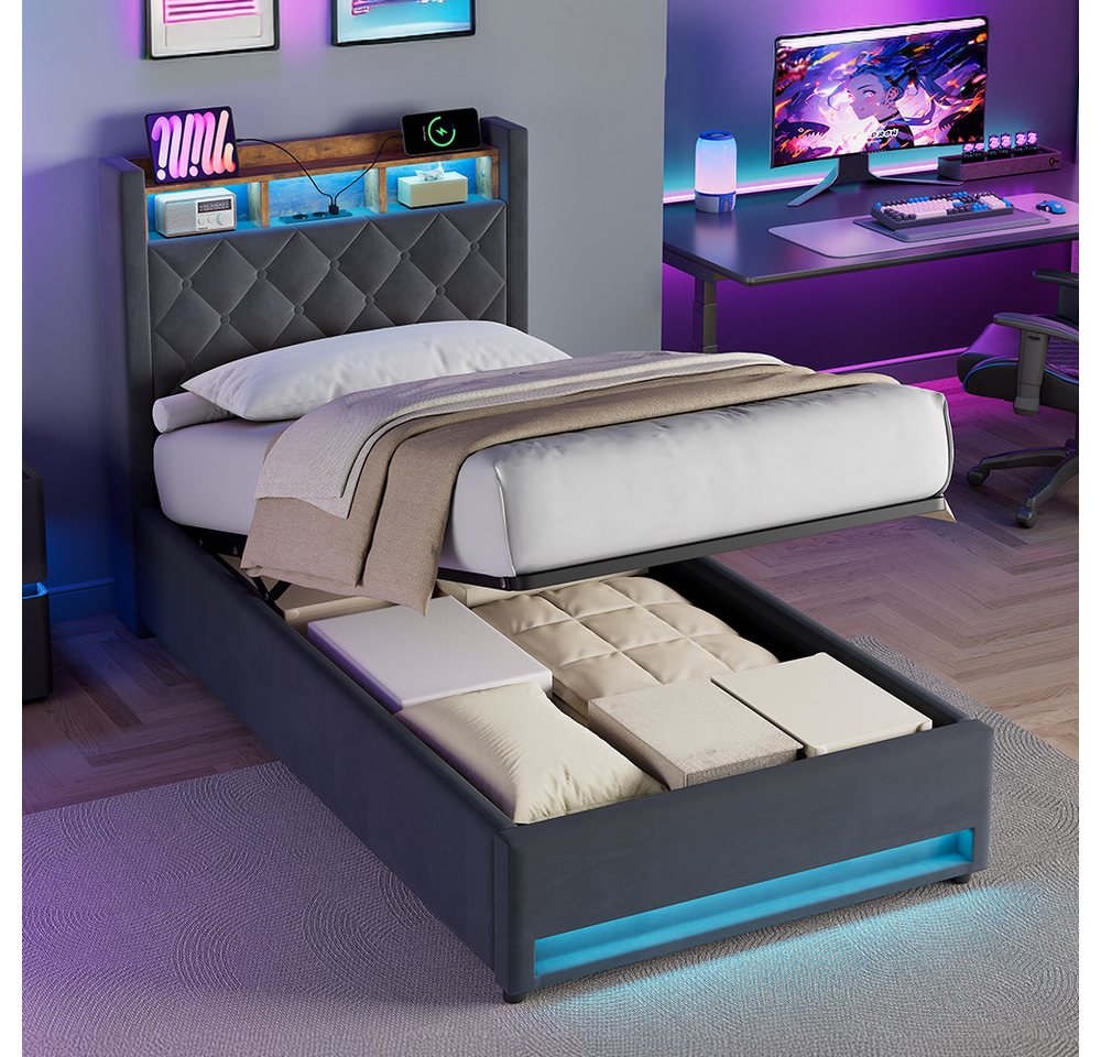 STILVORA Polsterbett mit bettkasten,Stauraumbett Boxspringbett 90×190 mit USB & LED-Licht (Funktionbett mit Hydraulikstange,Tragfähigkeit: 200kg, Strapazierfähi – Bild 2 von 5