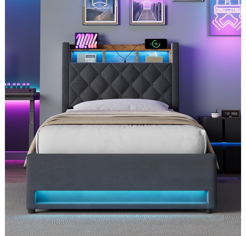 STILVORA Polsterbett mit bettkasten,Stauraumbett Boxspringbett 90×190 mit USB & LED-Licht (Funktionbett mit Hydraulikstange,Tragfähigkeit: 200kg, Strapazierfähi – Bild 3 von 5