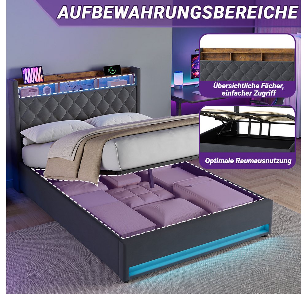STILVORA Polsterbett mit bettkasten,Stauraumbett Boxspringbett 140×200 mit USB & LED-Licht (Funktionbett mit Hydraulikstange,Tragfähigkeit: 200kg, Strapazierfäh – Bild 5 von 5